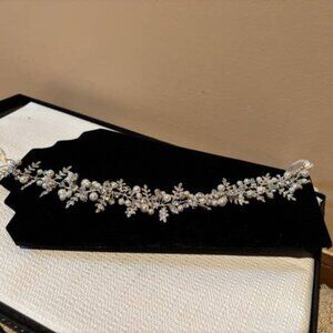 NIB SWEETV Silver Rhinestone/Pearl Wedding Dress Belt Sash Headband